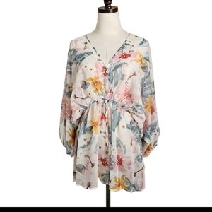 Sweet Rain Colorful Pastel Floral Dolman Sleeve Sheer Medium Tunic Top